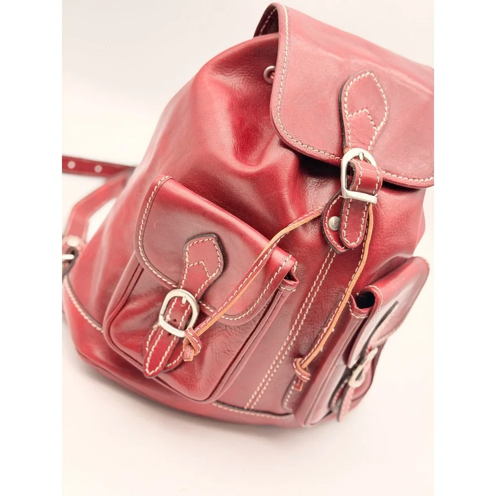 Vintage Red Leather Rucksack Backpack Contrast Stitch Buckle Drawstring Medium